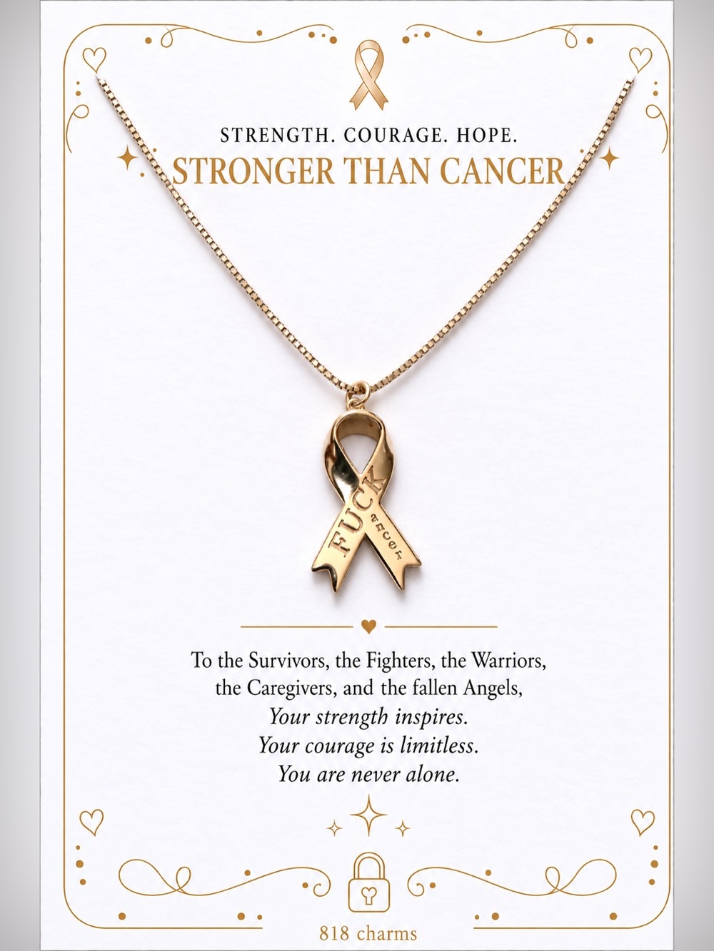 Gold Ribbon Pendant Necklace - 'F@&k cancer' FINE vermeil (s925/18k plated)